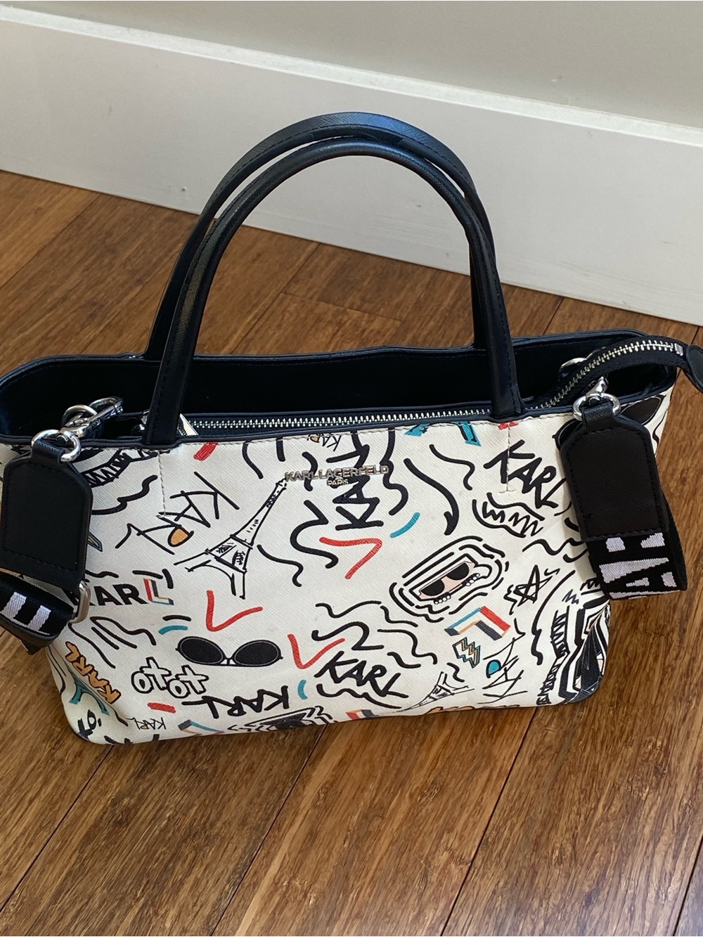 Karl Lagerfeld Paris Maybelle Satchel Cream Graffiti Crossbody Strap